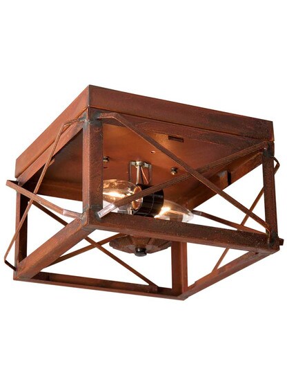Double Flush-Mount Ceiling Light with Folded Bars in Rustic Tin.